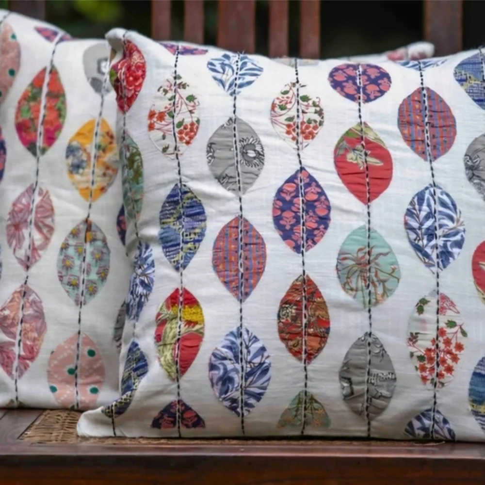 Handprint Pondicherri Kantha Leaf Pillow Covers – Set of 3 – Artisan Made India